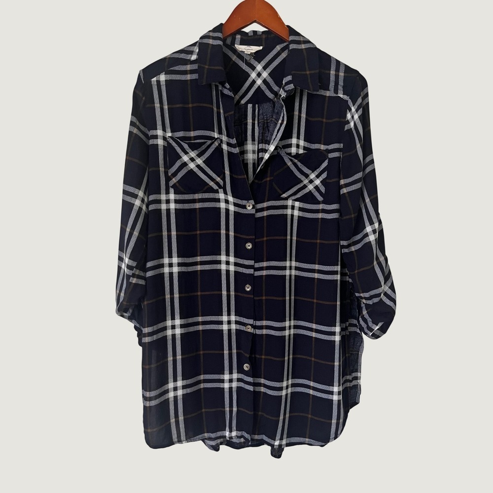 Entro Navy Blue Plaid Button Down Shirt Roll Tab Sleeve Rayon Tunic Top Size M